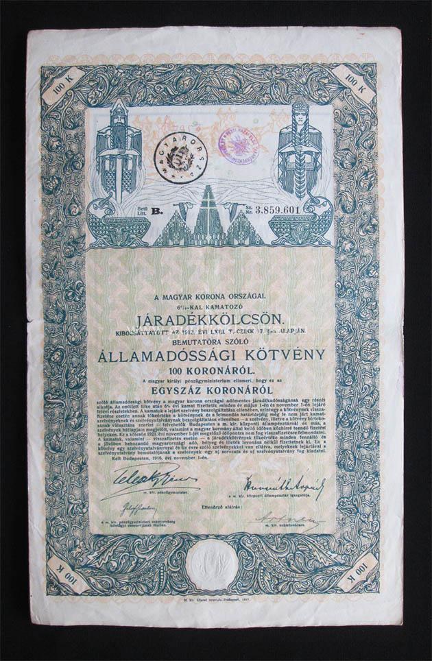 Államadóssági kötvény járadékkölcsön 100 korona 1916 nov 6%